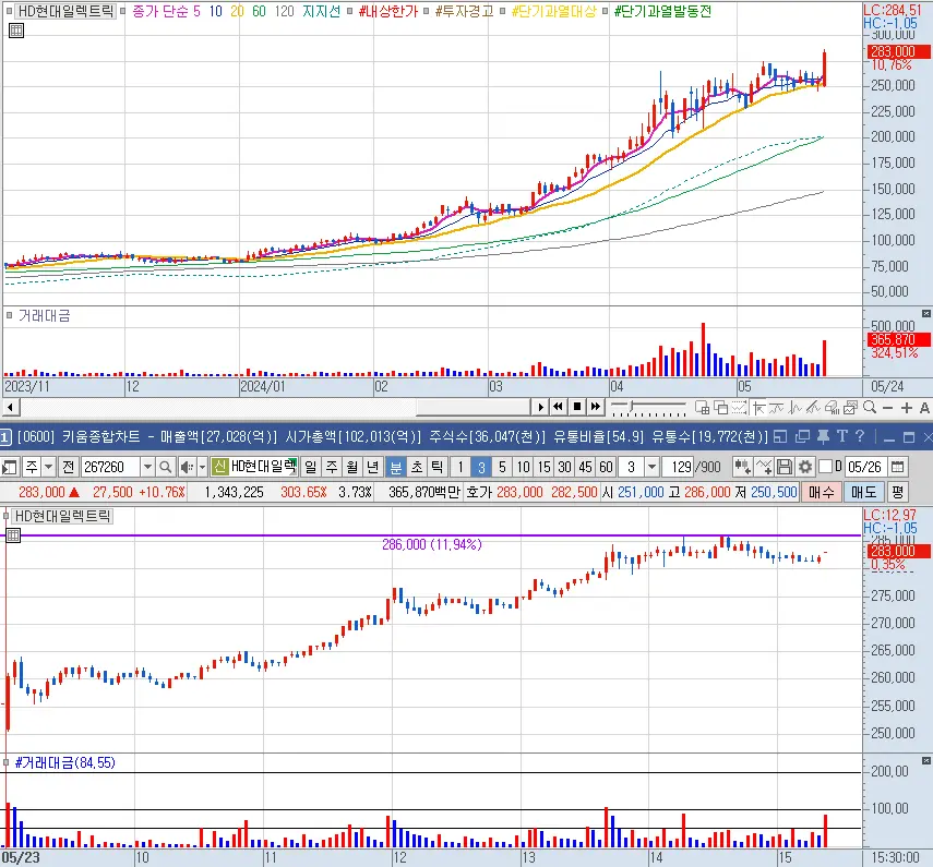 HD현대일렉트릭 일봉 및 분봉