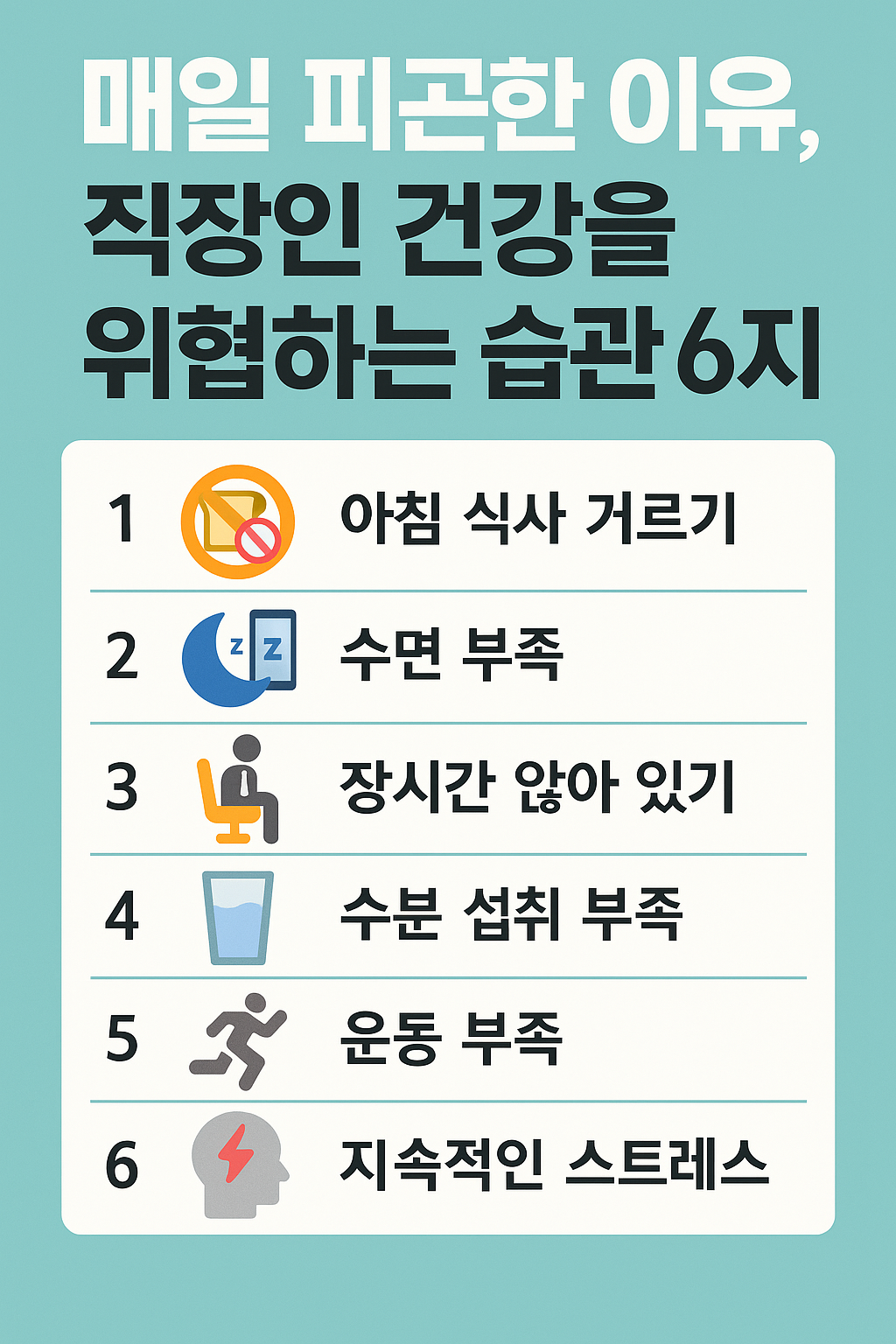 직장인 건강을 위협하는 6가지 나쁜 습관을 정리한 인포그래픽