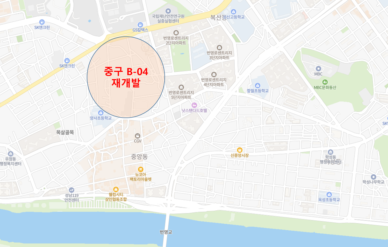 울산 중구 주요지역 및 B-04 재개발 지역 지도 표시