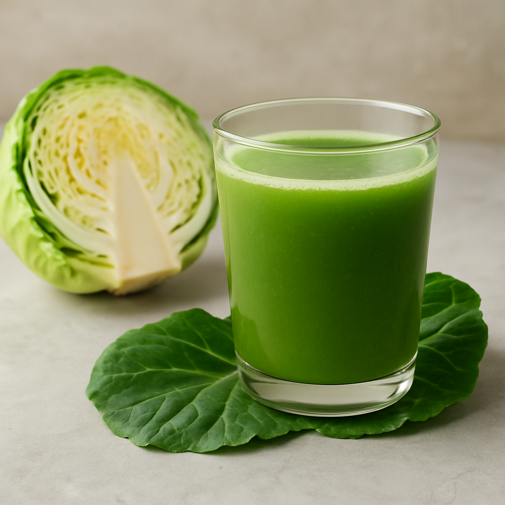 신선한 양배추즙 한 잔과 잘린 양배추, 양배추 잎이 어우러진 장 건강 회복 이미지