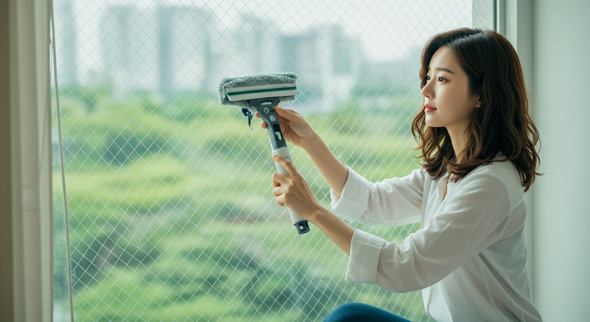 방충망 초간단 청소하는 여성 이미지