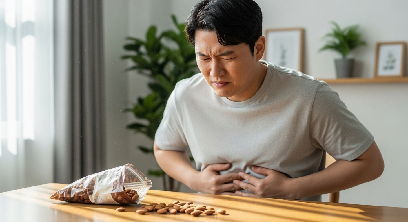 아몬드를 과다 섭취해 배를 만지는 남성