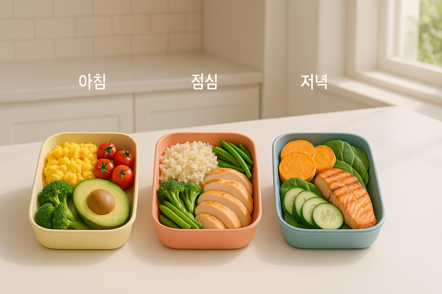 테이블 위에 3개의 다이어트 도시락이 일렬로 놓여있는 모습