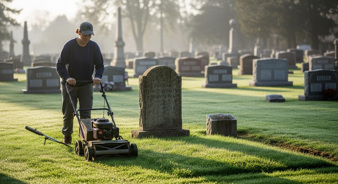 잔디 깎는 기계로 묘지 잔디를 정리하는 여성