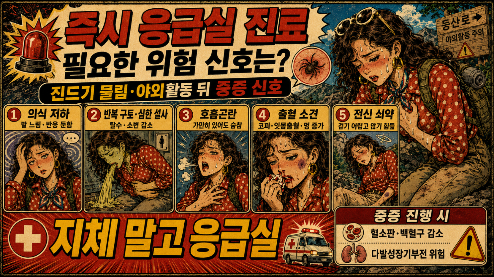 4. 진드기 물림 뒤 의식 저하, 반복 구토, 호흡곤란, 출혈 소견, 전신 쇠약 등 즉시 응급실 진료가 필요한 위험 신호를 정리한 옛날 만화 스타일 인포그래픽