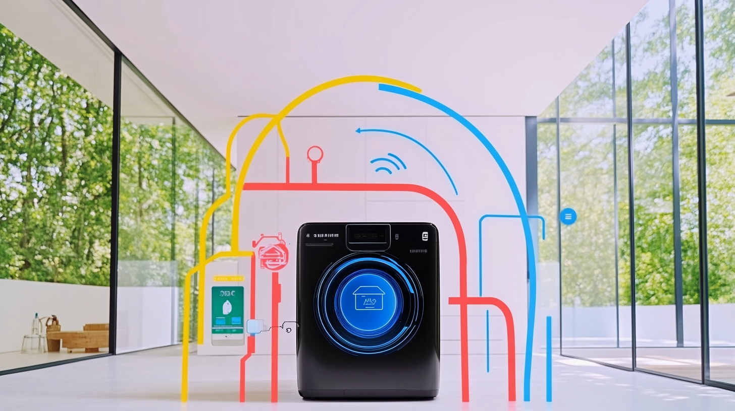 AI 자동 세제 기능을 자랑하며 스마트 홈 시스템과 상호작용하는 삼성 WF21T6500KW의 미래형 씬. 첨단 기술과 스마트 기능의 조화로운 모습을 보여줍니다.