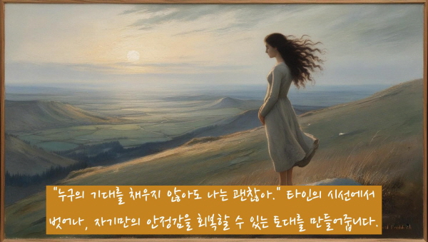 “누구의 기대를 채우지 않아도 나는 괜찮아.” 타인의 시선에서 벗어나,자기만의 안정감을 회복할 수 있는 토대를 만들어줍니다에 관한 그림