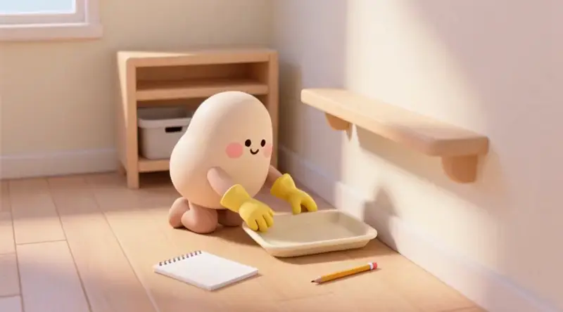 캐릭터가 벽 아래에 판을 놓고 만족스럽게 고개를 끄덕이는 짧은 영상
