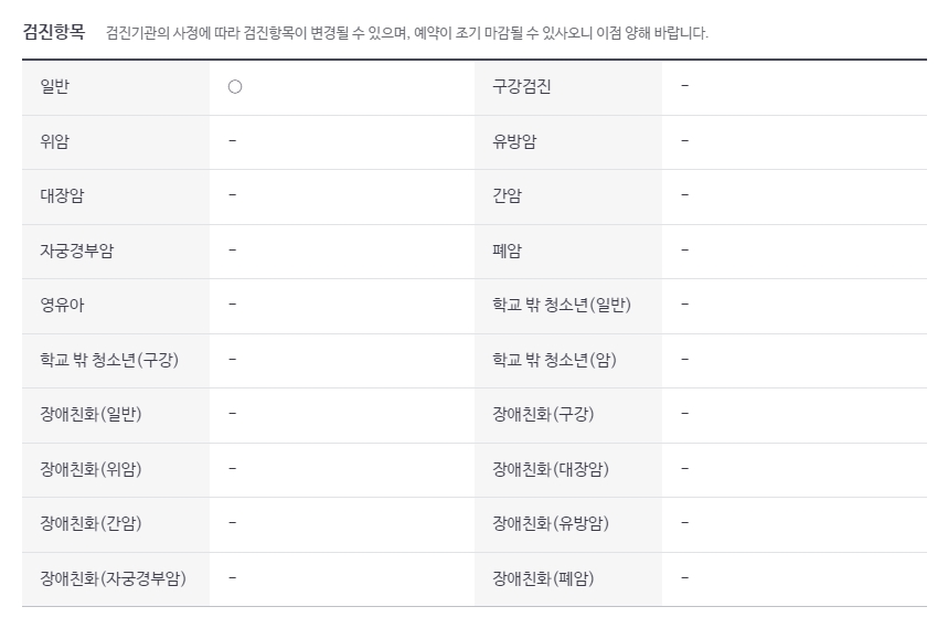 병원의 시행 가능 검진항목 확인