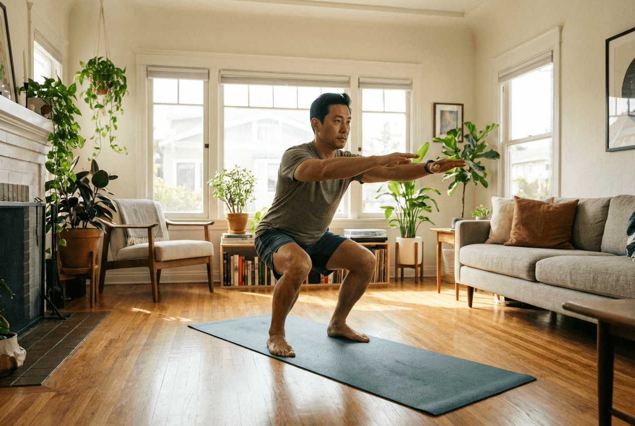 40대 남성이 거실에서 스쿼트 자세를 취하고 있는 모습