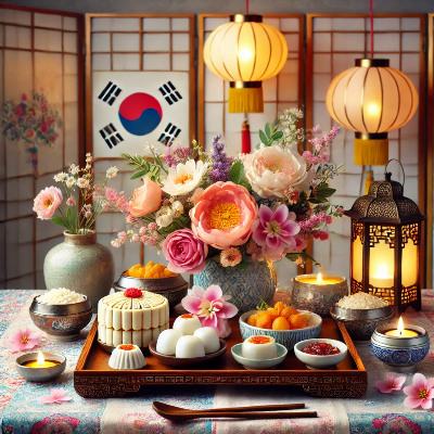 전통 한국 주방에서 설날 차례상을 위한 재료 준비 장면. 떡, 과일, 채소와 전통 조리 도구가 어우러진 따뜻한 주방 모습.