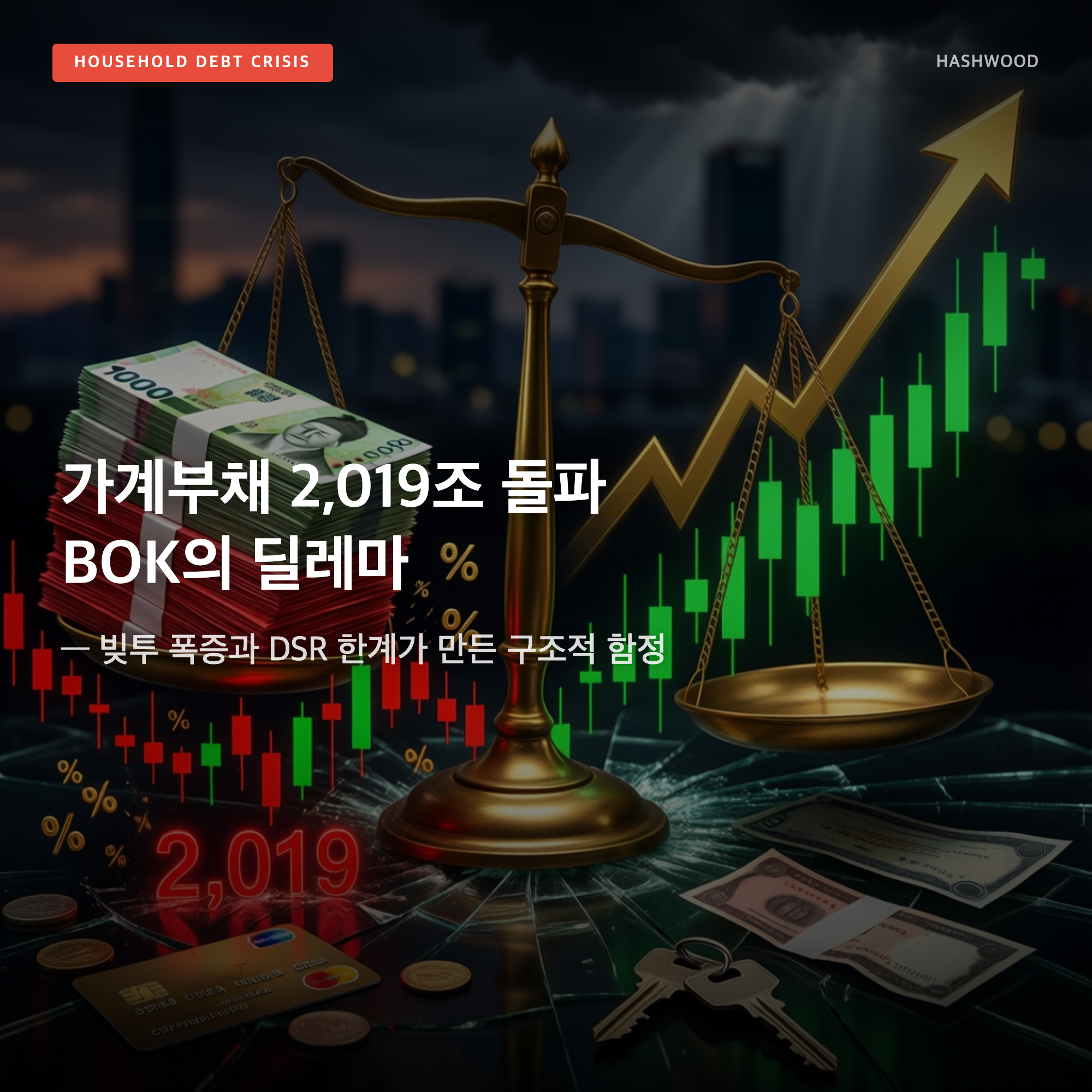 그림: 가계부채 2,019조 돌파 BOK의 딜레마 — — 빚투 폭증과 DSR 한계가 만든 구조적 함정