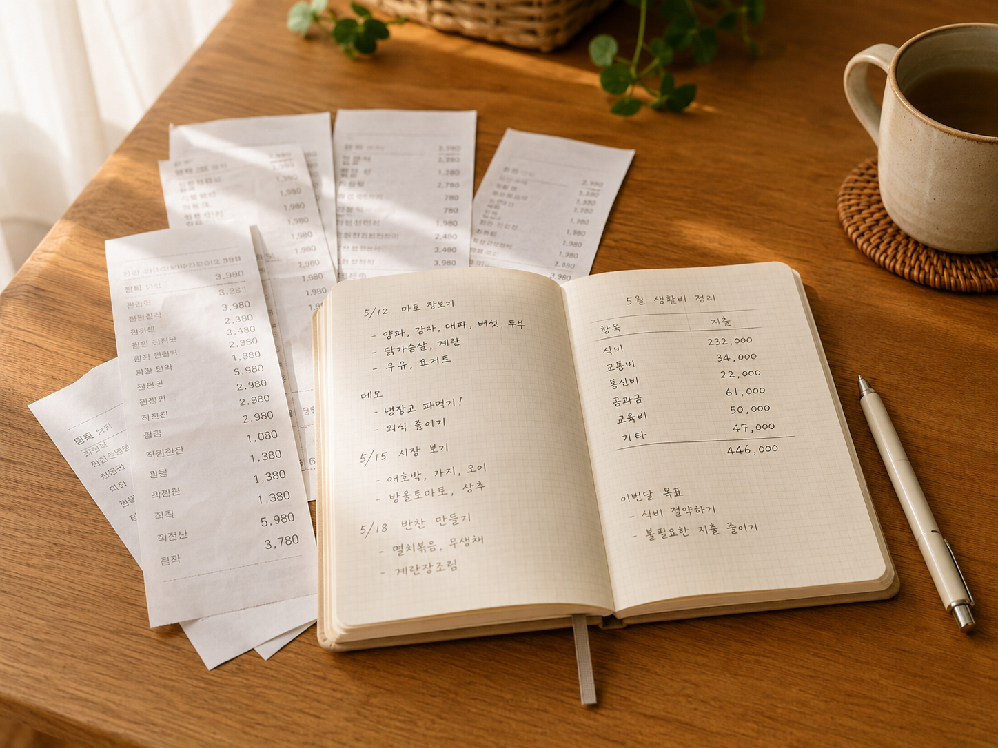원목 테이블 위에 펼쳐진 가계부 노트에 날짜별 장보기 품목과 살림 메모가 손글씨로 적혀 있고, 옆에는 영수증들과 펜이 놓여 있어 차분하고 정돈된 살림 기록 공간을 보여주는 모습