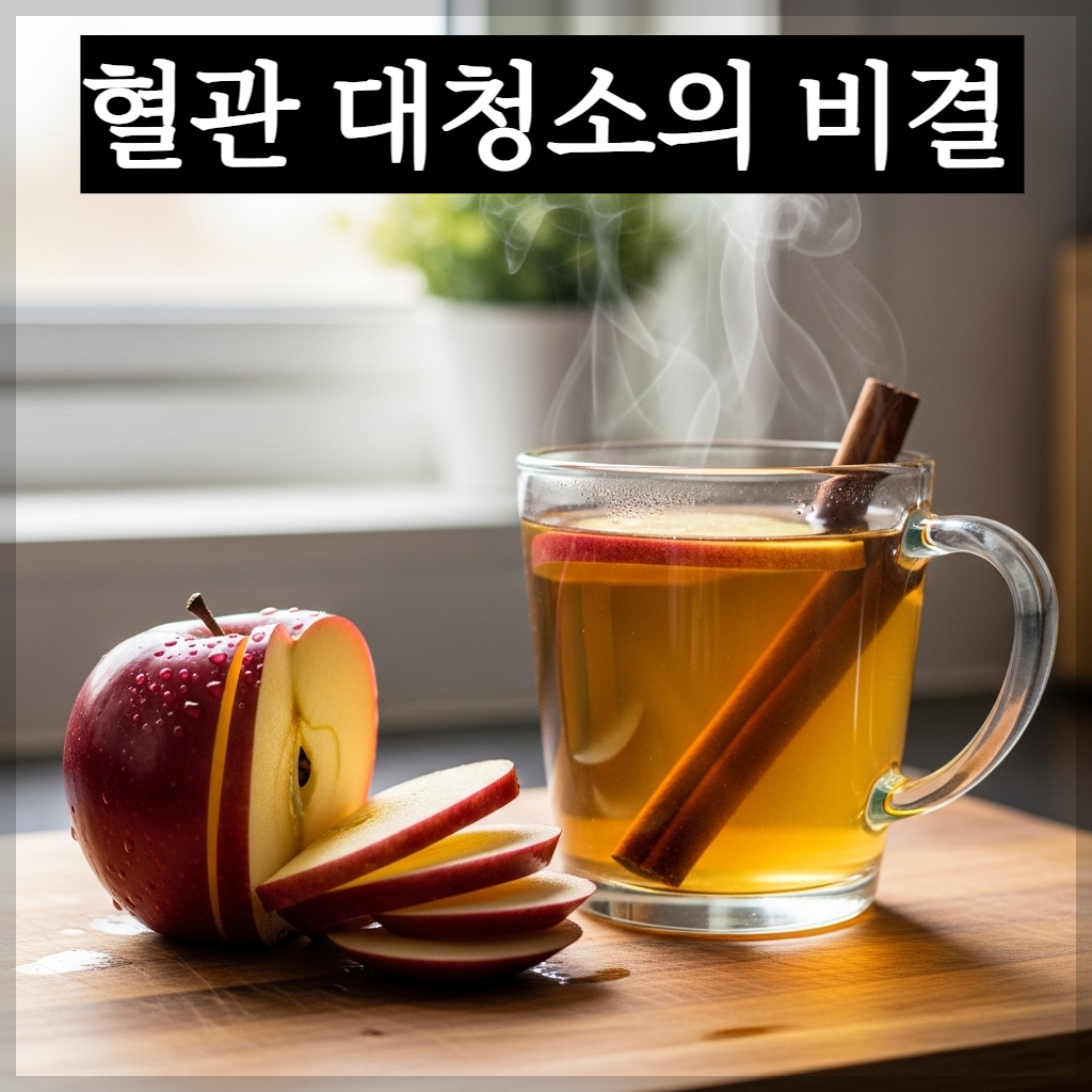 혈관 및 소화 건강에 도움을 주는 신선하고 붉은 사과와 따뜻한 애플 시나몬 티 이미지