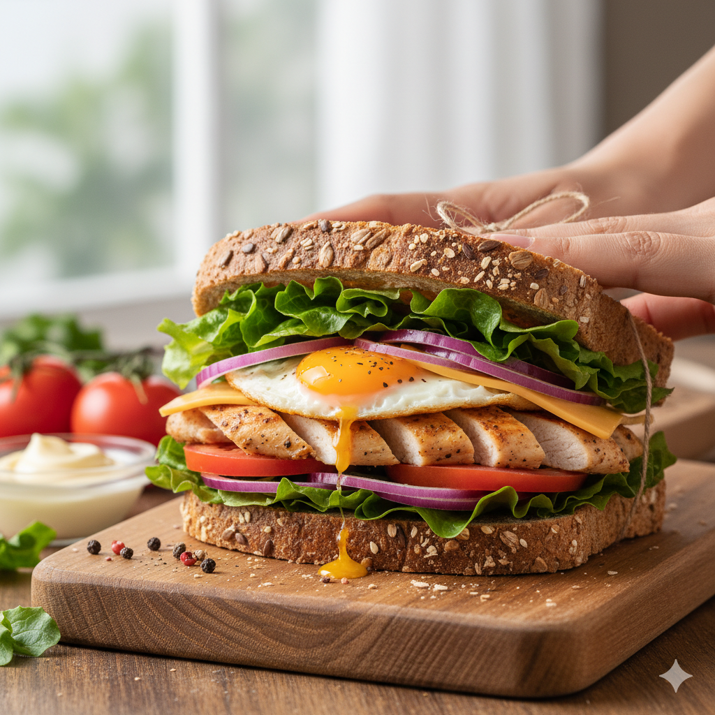 닭가슴살, 계란, 치즈, 신선한 채소가 들어간 통밀 샌드위치