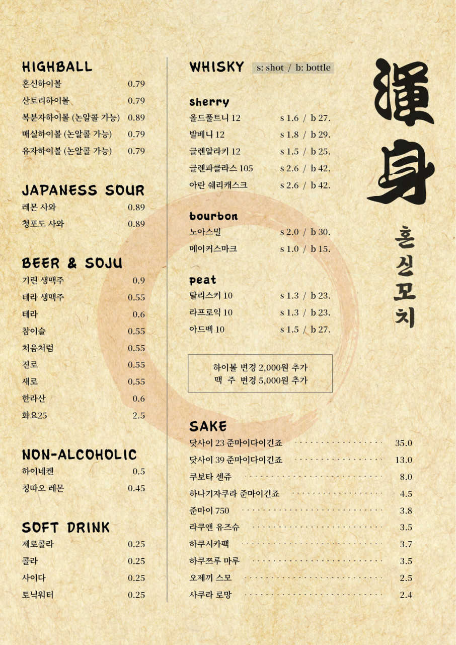 혼신꼬치 본점 메뉴판 이미지
