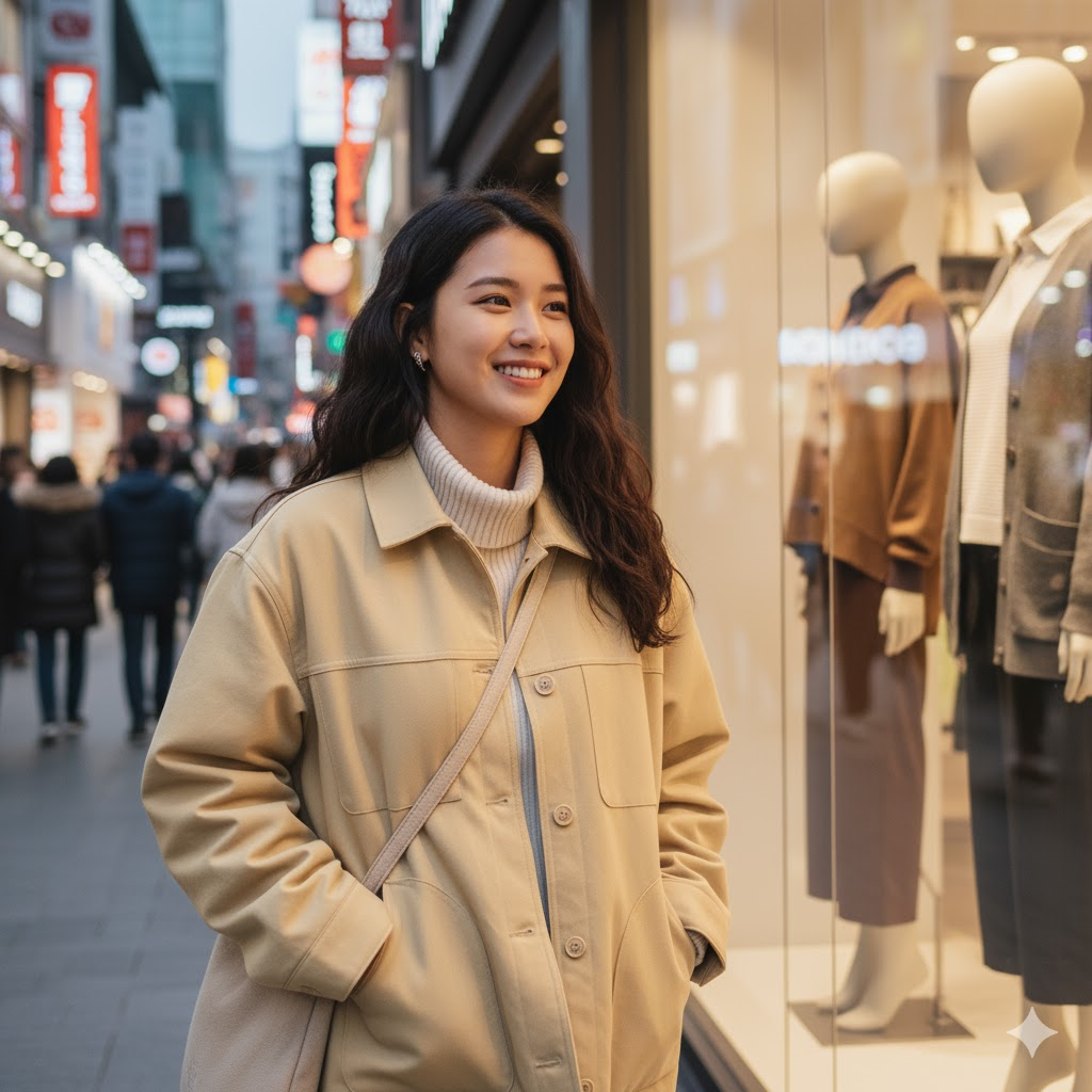 리사이클 폴리에스터로 만든 오버사이즈 워크자켓을 입은 한국 여성이 명동 번화가에서 의류 쇼윈도우를 미소 지으며 바라보는 모습
