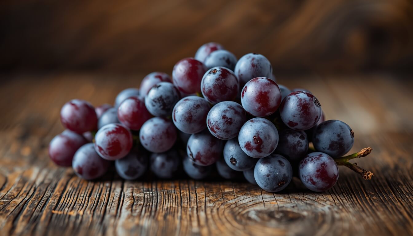 자연적인 하얀 왁스층이 덮인 싱싱한 포도 송이