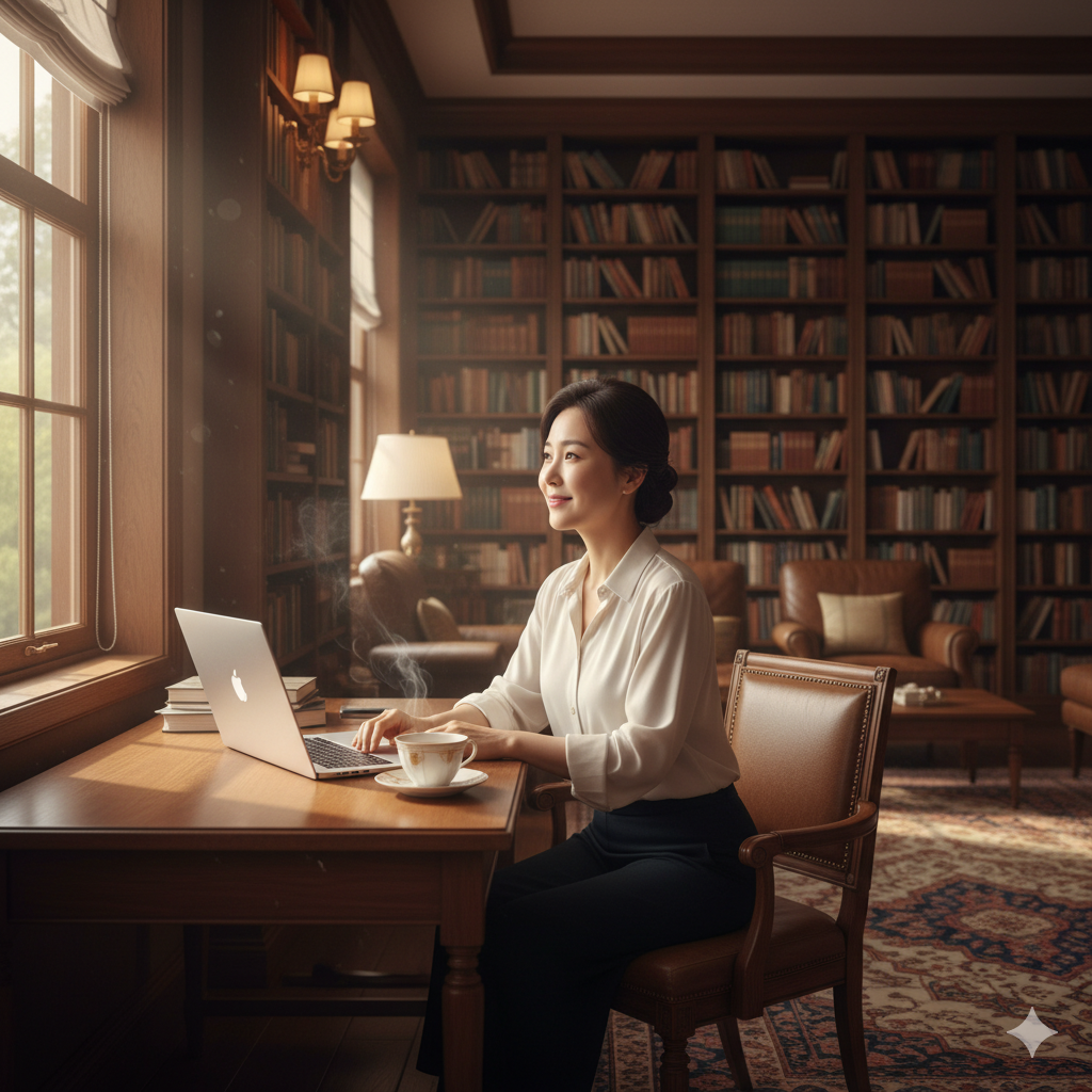 따뜻한 서재에서 영감을 떠올리는 지적인 여성, AI 글쓰기의 시작