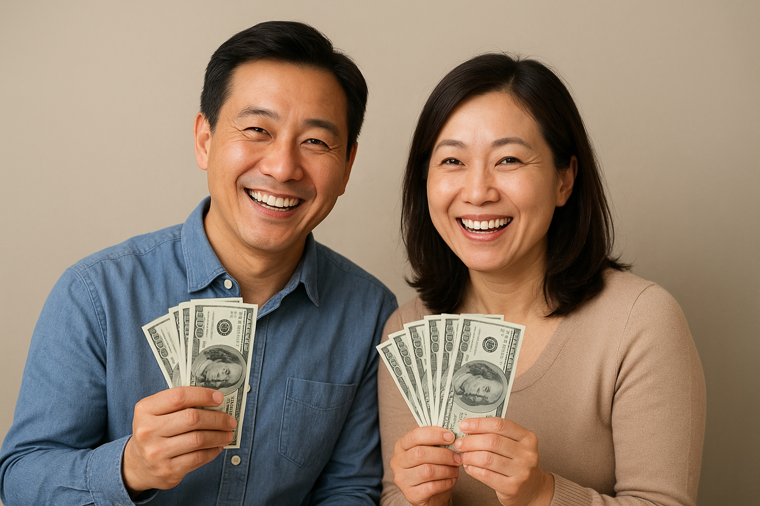 돈을 들고 웃는 모습