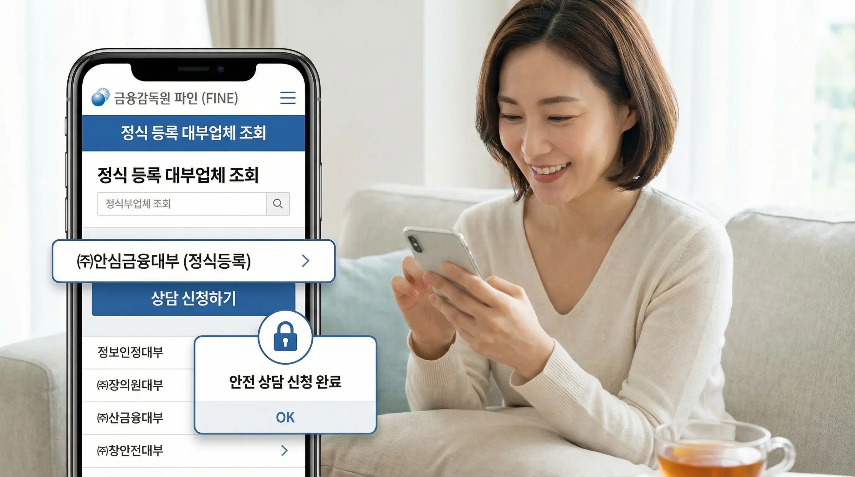 스마트폰으로 금융감독원 파인 사이트에서 정식 등록 대부업체를 조회하고 안전하게 상담을 신청하는 모습