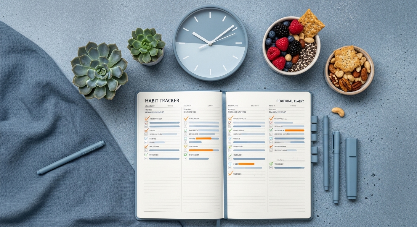 만년 다이어리 속 습관 트래커 페이지가 펼쳐져 있고, 명상, 독서, 운동 등 다양한 습관이 체크되어 있는 모습. 주변에는 식물과 시계가 놓여있다.