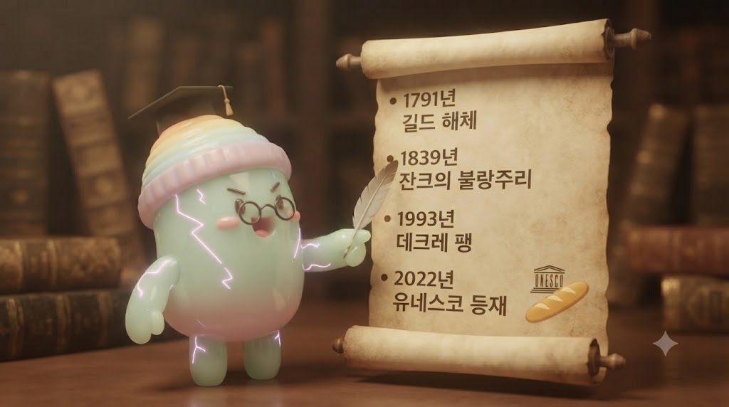 쫀쿠가 프랑스 빵 역사의 주요 사건들이 연도별로 적힌 거대한 시간 여행 스크롤 앞에 서 있습니다. 쫀쿠는 작은 역사학자 모자를 쓰고 있습니다. 1791년 길드 해체, 1839년 빈 스타일 빵의 도입, 1993년 바게트 법 제정, 그리고 2022년 유네스코 인류무형유산 등재까지. 쫀쿠가 유네스코 마크가 새겨진 마지막 바게트 그림을 가리키며 환하게 웃고 있습니다.