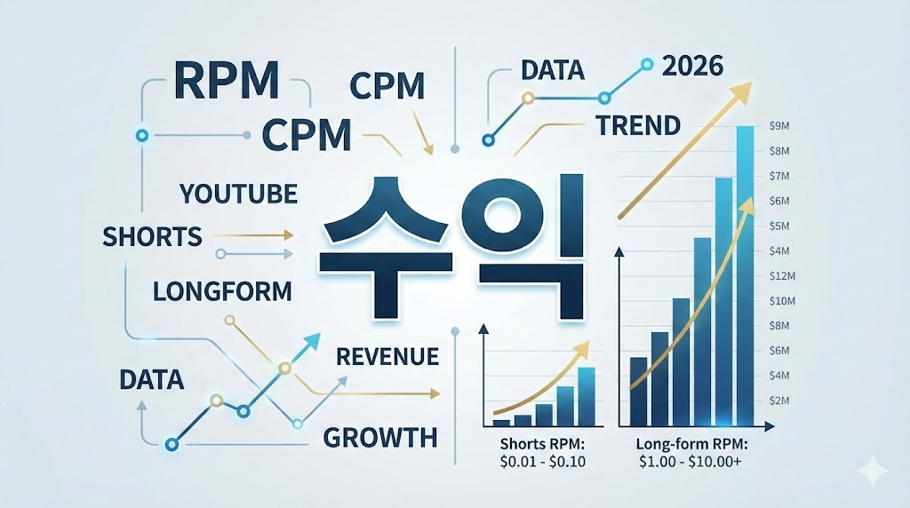 2026년 유튜브 쇼츠와 롱츠의 조회수당 수익 단가와 RPM 차이를 비교 분석한 고해상도 비즈니스 인포그래픽 디자인.
