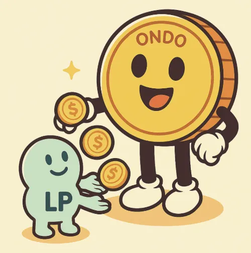 ONDO 토큰 캐릭터가 LP(Liquidity Provider)에게 여러 개의 보상 토큰을 나눠주는 장면을 표현한 일러스트 이미지. 유쾌한 스타일의 이 그림은 온도 파이낸스의 유동성 공급 보상 시스템과 커뮤니티 인센티브 구조를 시각적으로 설명함 (ONDO reward, LP incentive, DeFi)