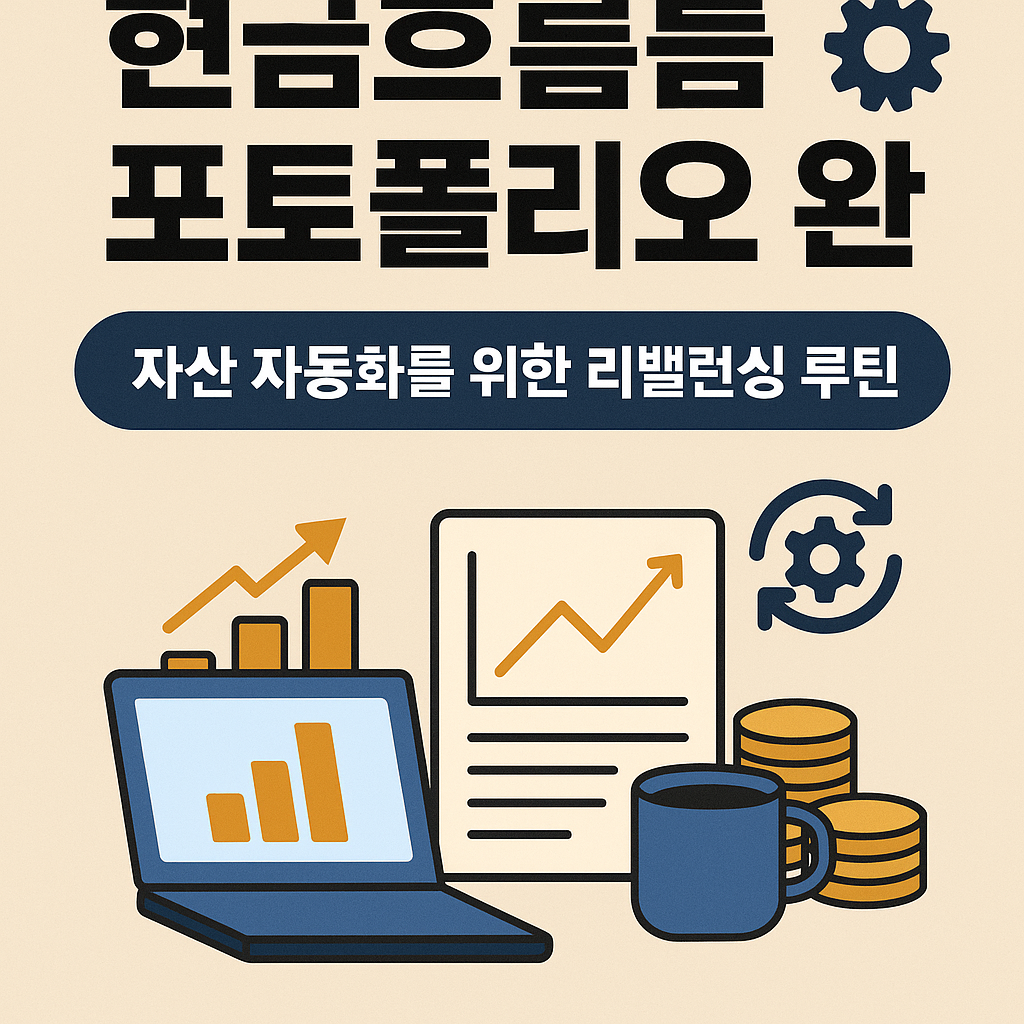 현금흐름 포트폴리오의 리밸런싱과 자산 자동화를 표현한 썸네일 – 톱니바퀴, 포트폴리오 차트, 달력, 배당 아이콘이 포함된 플랫 스타일 재테크 일러스트