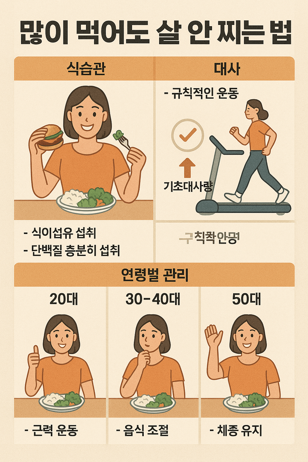 많이 먹어도 살 안 찌는 법 (식습관, 대사, 연령별 관리) 이글을 표현하는 이미지
