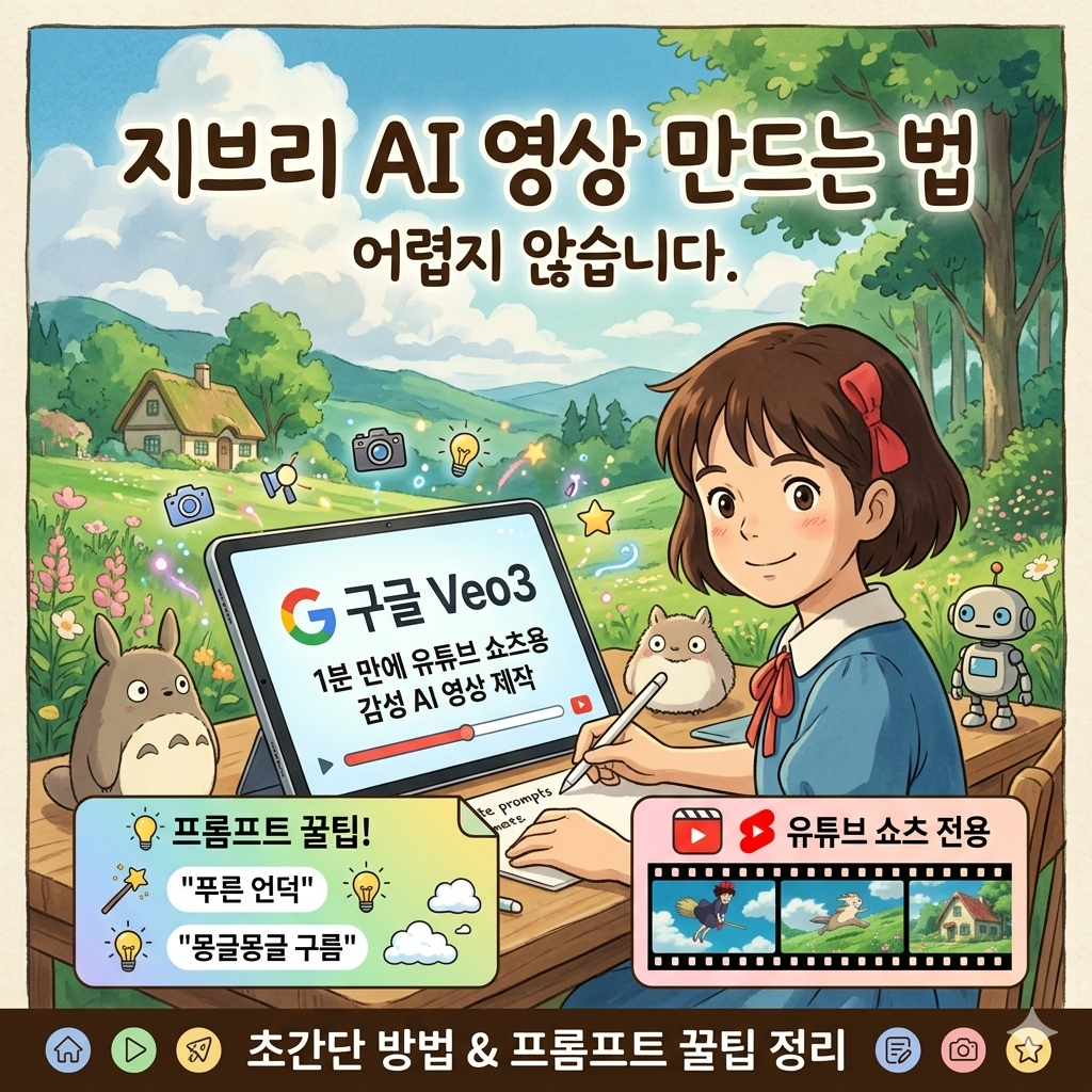 지브리 AI 영상 만드는 법, 어렵지 않습니다. 구글 Veo3로 1분 만에 유튜브 쇼츠용 감성 AI 영상 제작하는 초간단 방법과 프롬프트 꿀팁까지 정리했습니다.