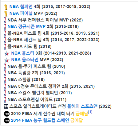 커리 개인 수상내역