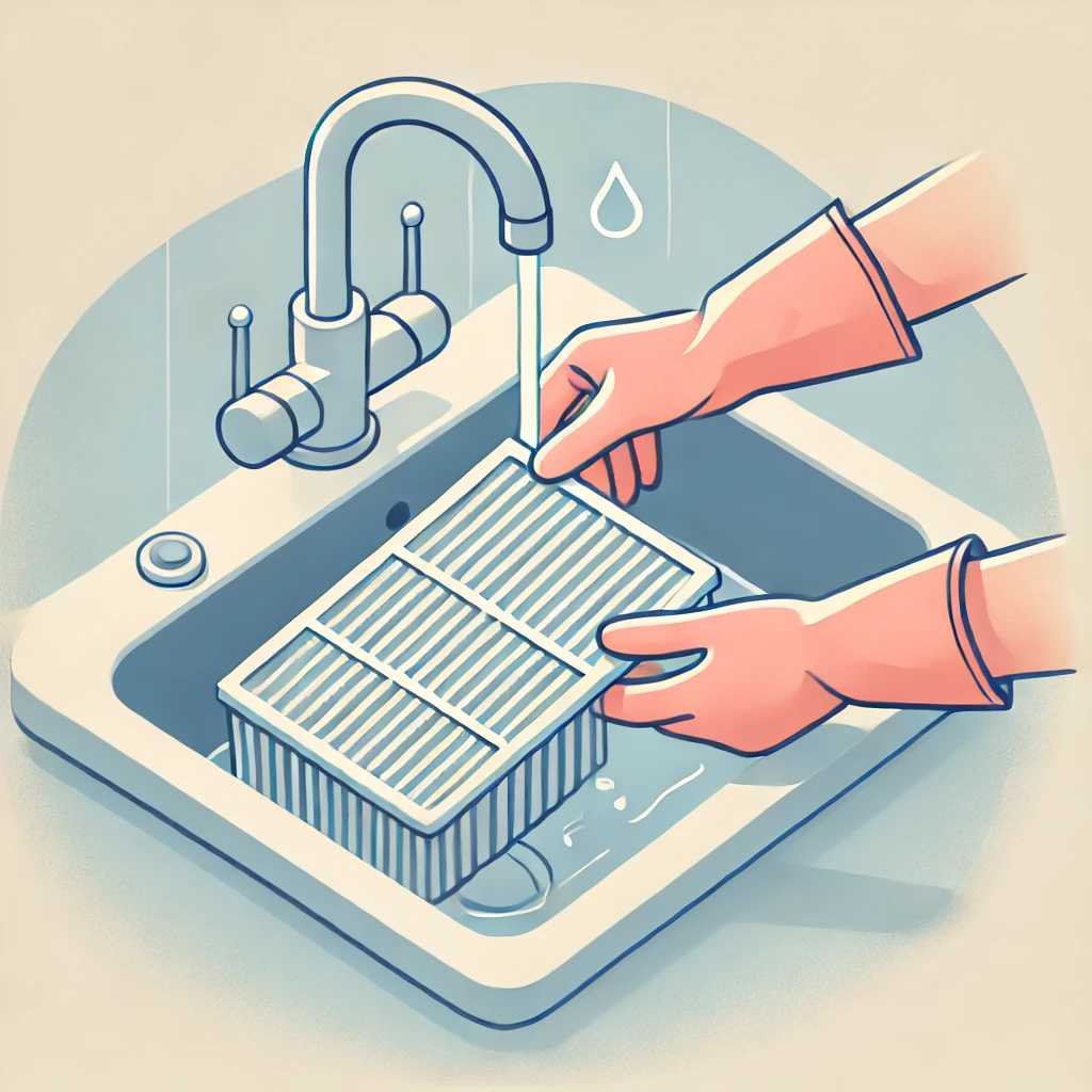 필터를 물에 씻는 클로즈업