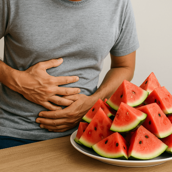 수박을 앞에두고 아픈 배를 부여잡고있는 남성 이미지