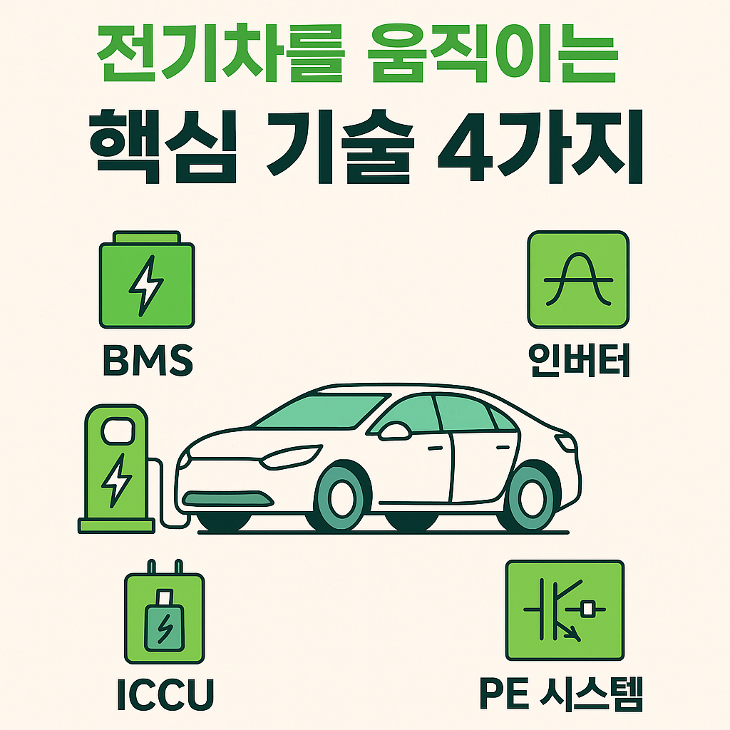가운데 전기차의 그림이 있고 주변에 핵심 기술 네 가지가 기재된 그림