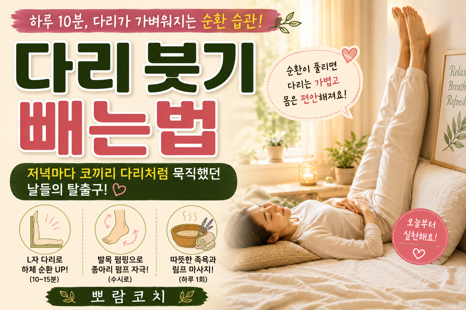 햇살이 부드럽게 비치는 창가 옆 아늑한 침대 위에서 편안하게 다리를 올리고 휴식을 취하는 모습