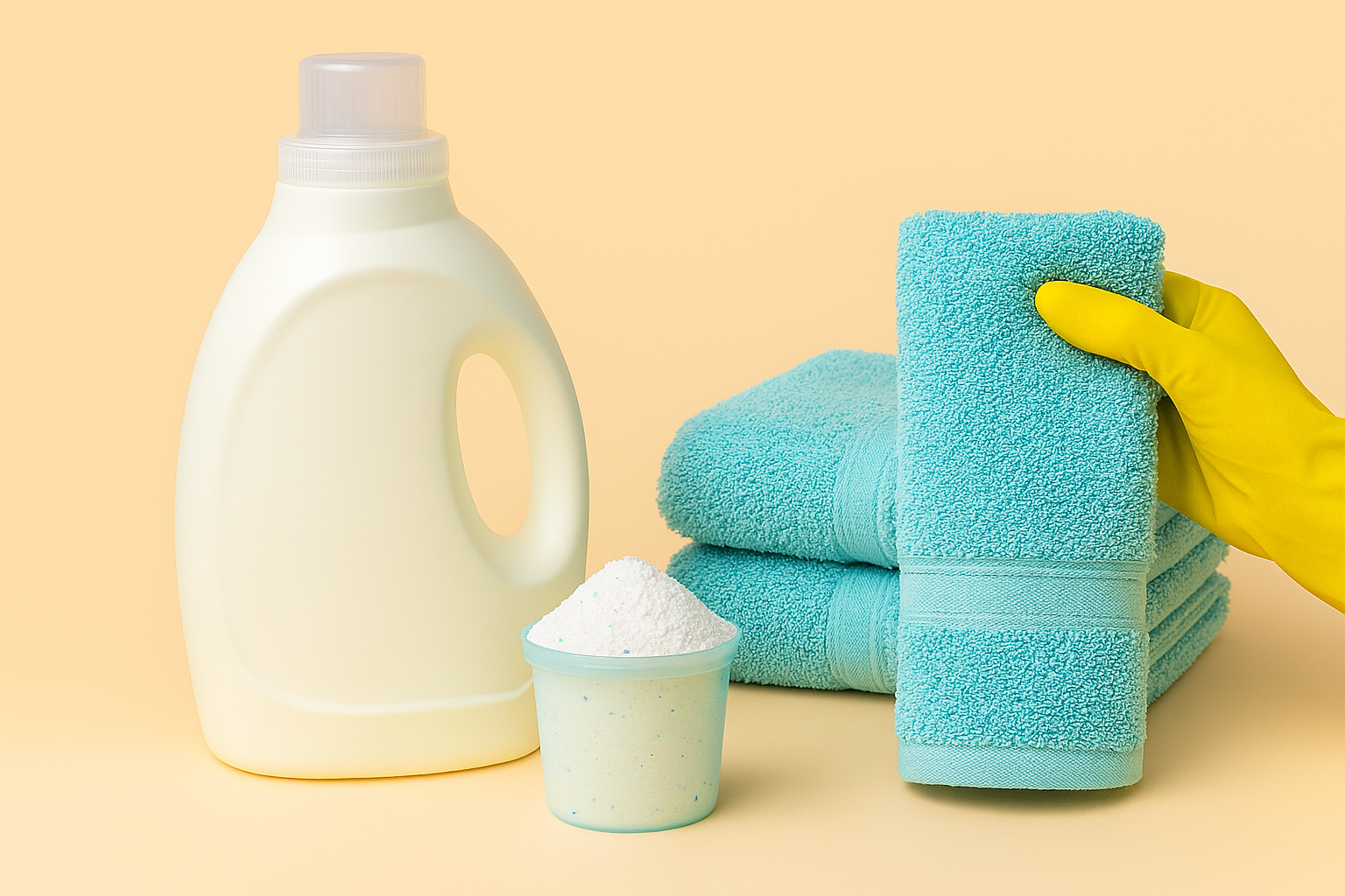 세재와 수건 그리고 고무장갑으로 수건을 잡고 있음