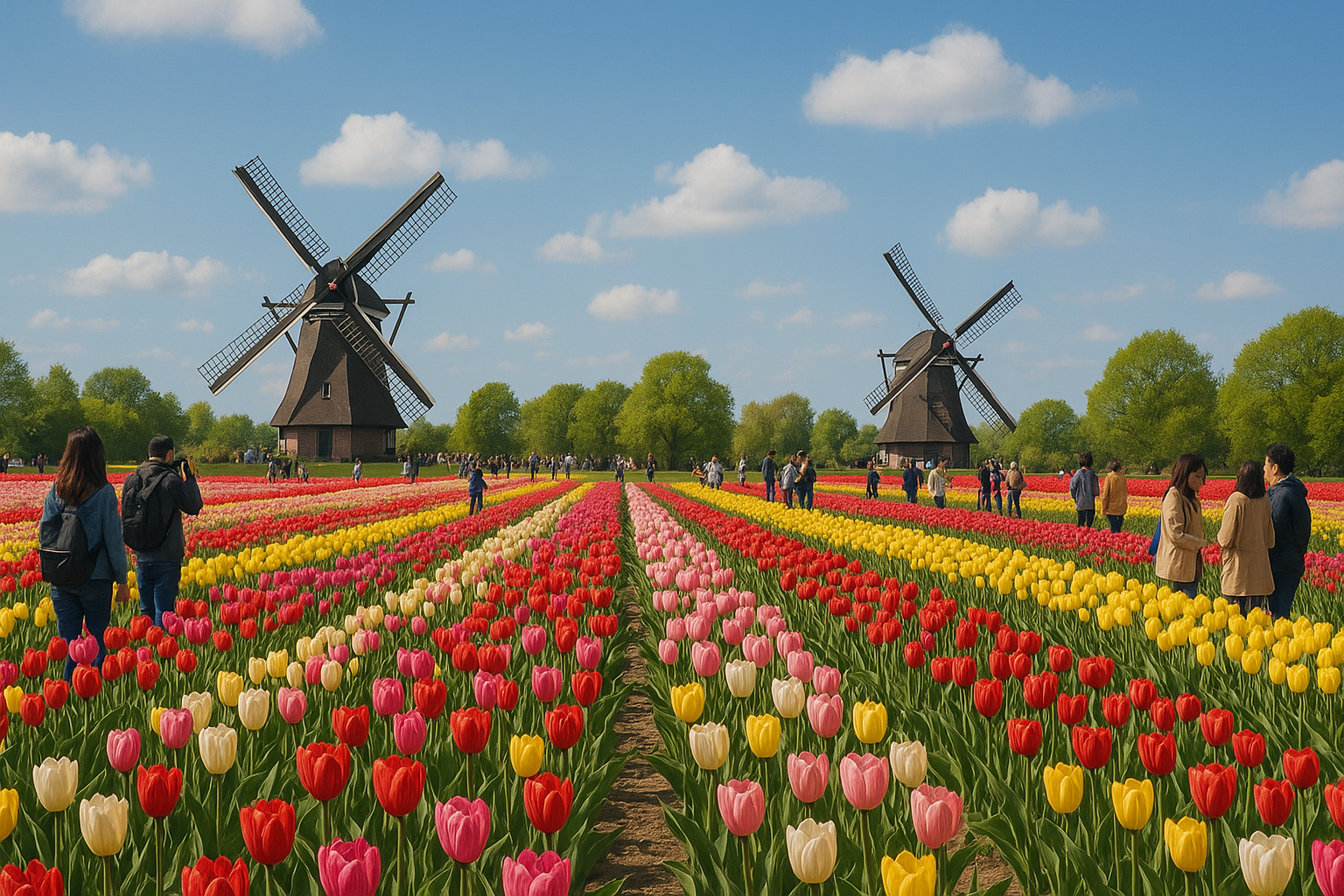 맑은 봄날, 하늘에는 하얀 구름이 흩어져 있고 햇살이 풍성하게 비추는 가운데 넓은 튤립밭이 펼쳐져 있다. 튤립밭은 노랑, 빨강, 분홍, 흰색 등 다양한 색상의 튤립이 줄지어 심어져 있으며, 색상별로 일렬로 나뉘어 정돈된 형태를 이루고 있다. 꽃밭 사이 좁은 통로를 따라 많은 사람들이 걷고 있으며, 어떤 이들은 사진을 찍고, 어떤 이들은 대화를 나누며 풍경을 즐기고 있다. 배경 중앙에는 전통적인 갈색 목조 풍차가 두 채 서 있으며, 양쪽 날개를 넓게 펼친 채 풍경의 중심을 잡아준다. 풍차 뒤로는 초록색 나무들이 정렬되어 있어 자연스럽게 배경을 채우고 있고, 하늘과 조화를 이루며 평화로운 분위기를 완성한다. 시점은 튤립밭 정중앙에서 풍차를 향해 정면을 바라보는 구도로, 전체적으로 색이 선명하고 질서 정연하며 활기찬 봄날 풍경인 사진