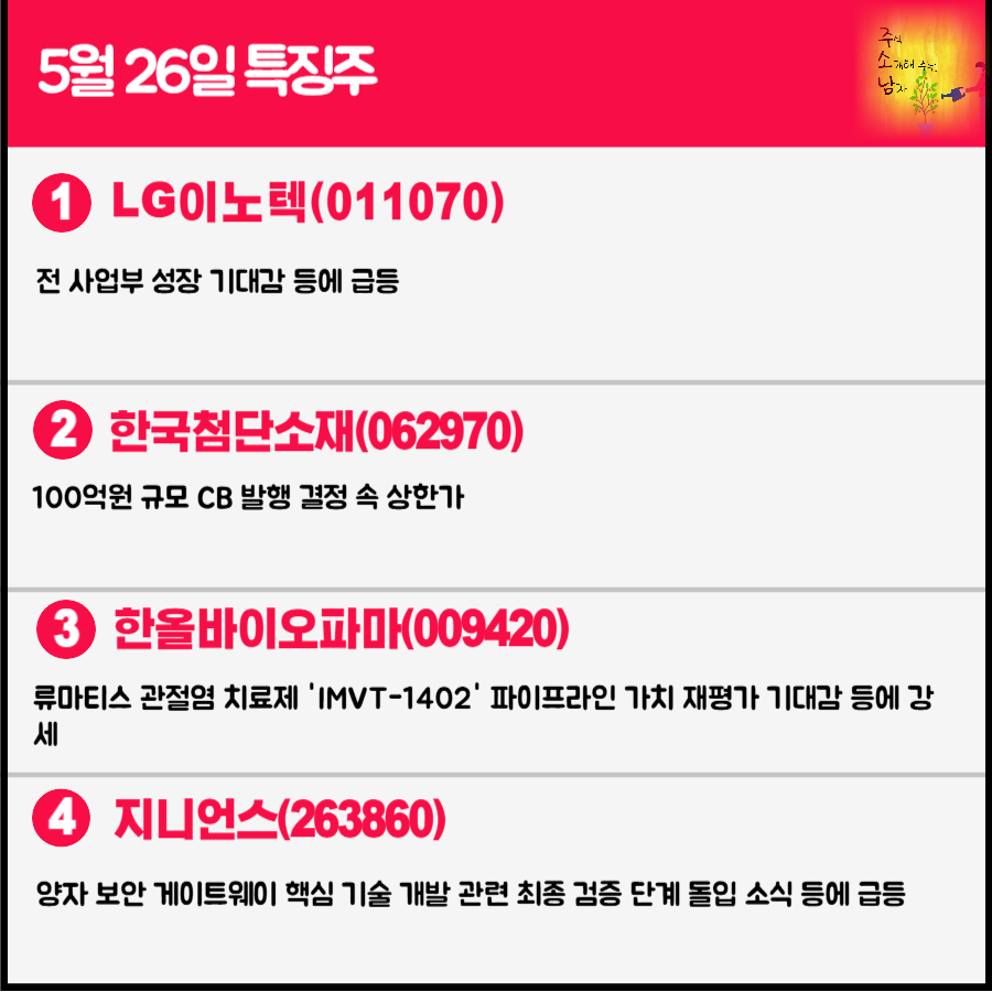 5월 26일 오늘의 특징주