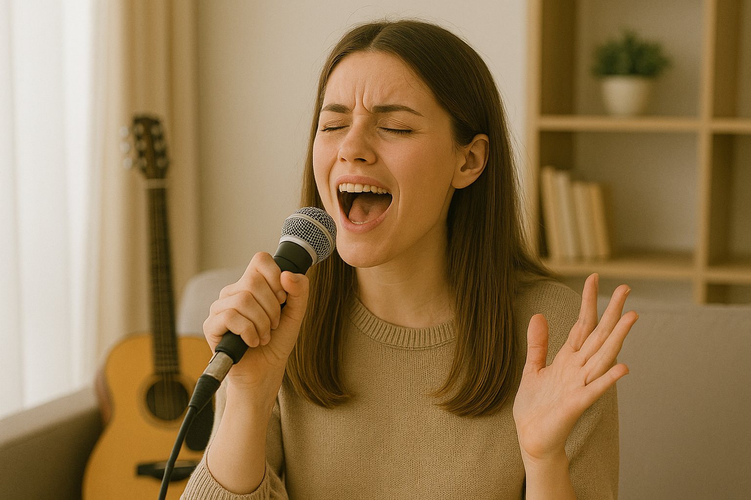 마이크 앞의 감동적인 노래 우리