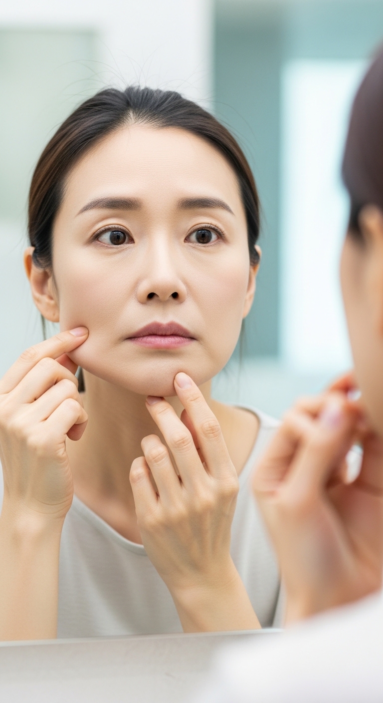 시술 전 처진 얼굴 라인과 고민하는 모습의 이미지