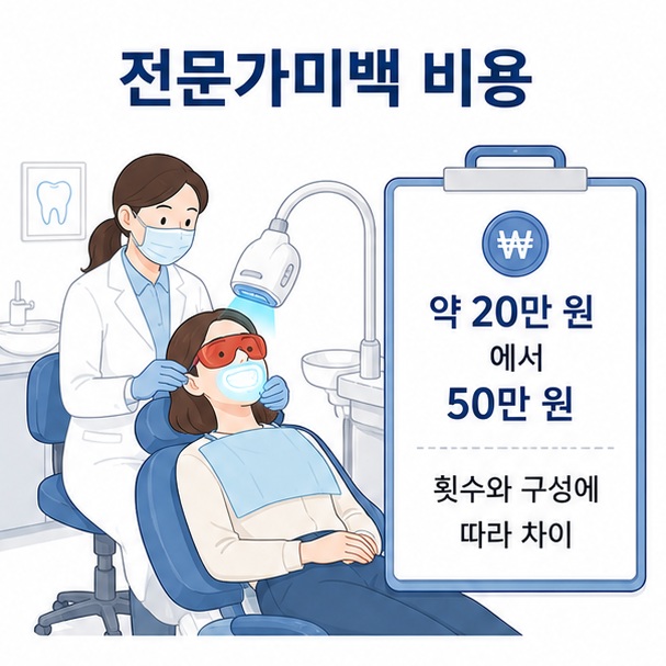 전문가 치아미백 비용이 시술 횟수와 구성에 따라 달라질 수 있음을 치과 시술 장면과 가격표로 표현한 이미지