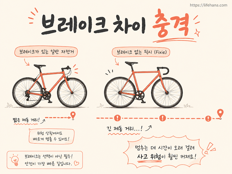 제동장치가 있는 일반 자전거와 노 브레이크 픽시의 속도별 제동거리 격차 요율을 비교 시각화한 인포그래픽