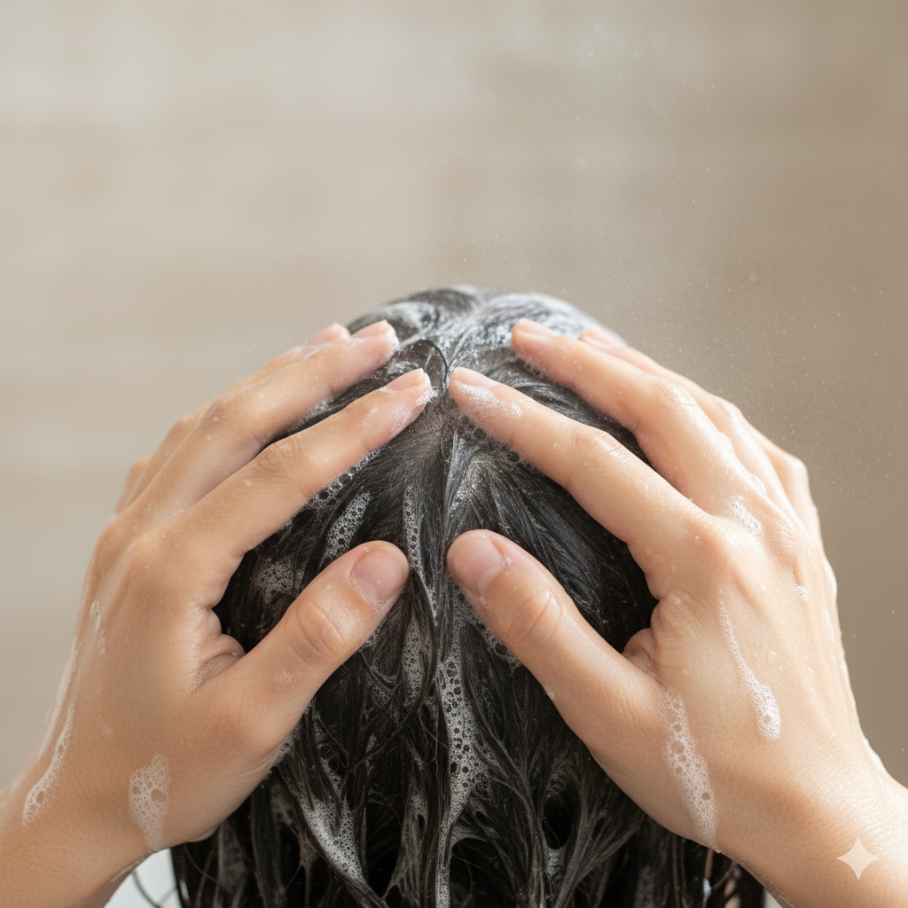 미지근한 물로 두피를 충분히 적시고, 손가락 끝(지문 부분)으로 부드럽게 두피를 마사지하며 샴푸하는 클로즈업 사진