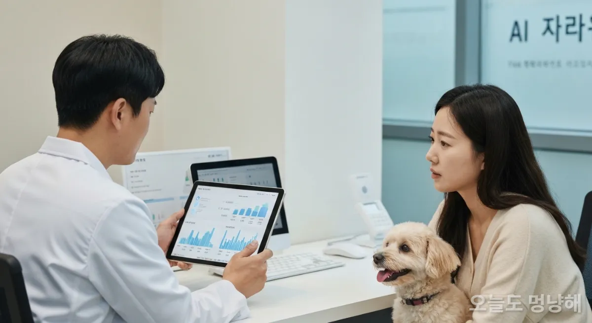 수의사와 보호자가 AI 건강 관리 데이터를 보며 상담하는 모습