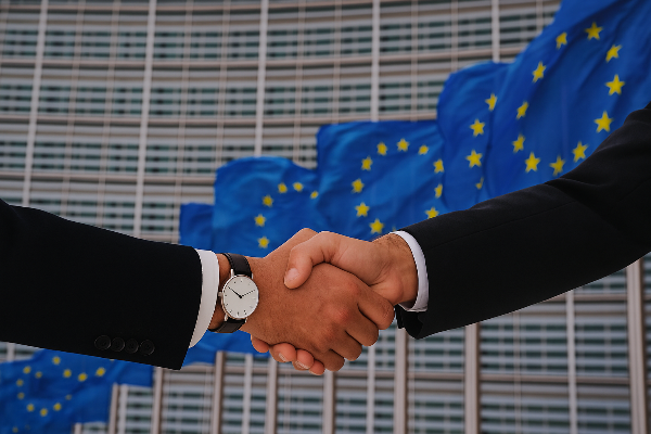 진보와 보수를 상징하는 두 인물이 유럽 연합기를 배경으로 악수하는 장면