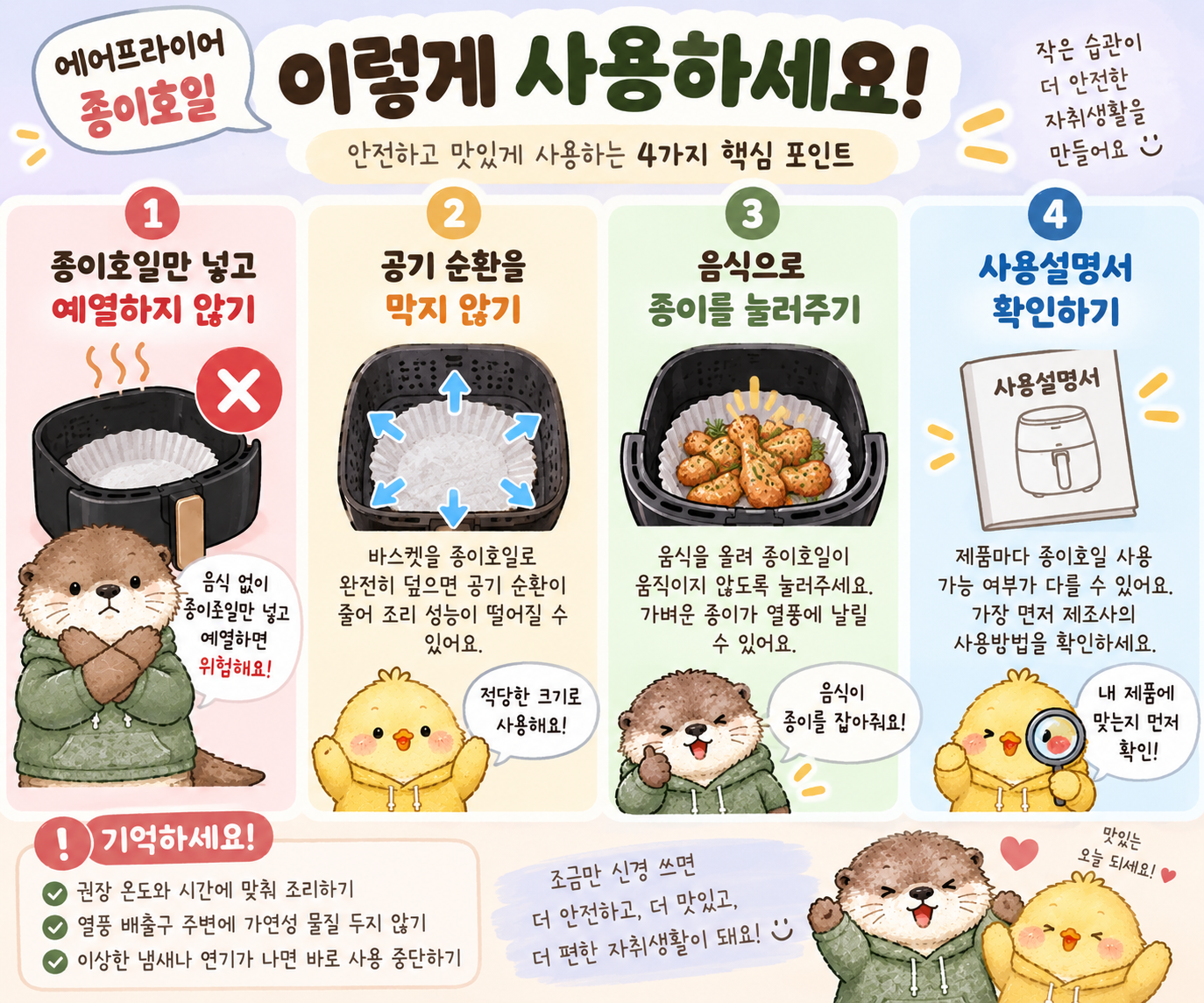 에어프라이어 종이호일 예열 공기순환 음식 고정 사용설명서 확인 안전수칙