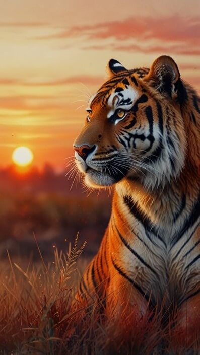 떠오르는-태양에-호랑이의-털이-붉게-빛나며-위용을-자랑하는-모습