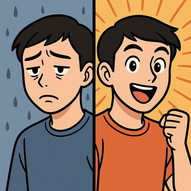 조울증의 양극 감정 상태를 표현, 왼쪽은 우울, 오른쪽은 고양된 기분(출처: 자체제작)